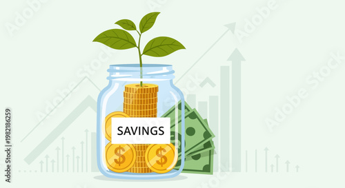 A glass jar labeled savings contains coins and a growing plant on a desk with financial charts and money.