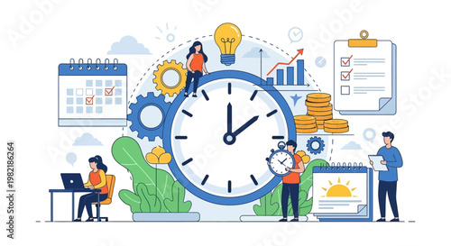 People working around a large clock with gears and calendar