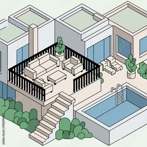 Modern house with pool and patio area.