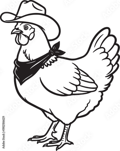 A whimsical cartoon chicken wearing a cowboy hat and bandana isolated on transparent background