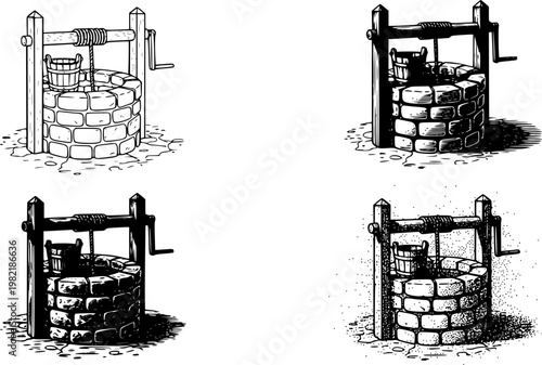 Four vintage water well illustrations in different artistic styles including line art, hatching, and stippling, showcasing a progression of hand-drawn rendering techniques See Less
