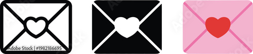 Love Letter Envelope Icons, Romantic Message Mail Symbols in Black White and Pink Styles.