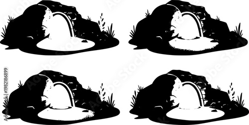 Four empty tomb illustrations in different graphic styles including continuous line, ink brush, engraving, and stippling, symbolizing the resurrection of Christ See Less
