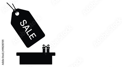 Sale tag hanging over a small gift box on a shelf signals an exciting retail promotion or holiday shopping event perfect for marketing campaigns and e-commerce website banner layouts.