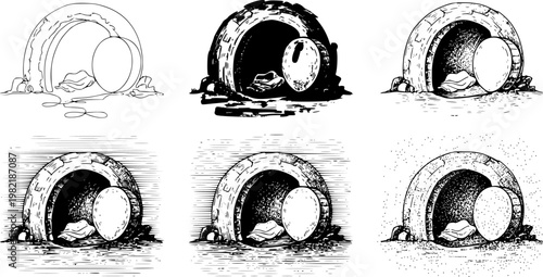 Four empty tomb illustrations in different graphic styles including continuous line, ink brush, engraving, and stippling, symbolizing the resurrection of Christ See Less
