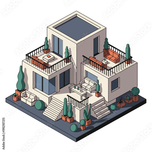 Modern house with rooftop garden and balcony.