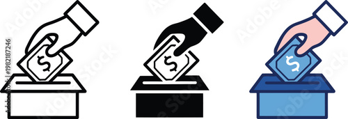 Voting Ballot Box Icons, Election Vote Casting Symbols in Black White and Blue Styles.