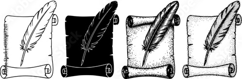 Set of four quill pens on paper scrolls presented in various artistic styles like simple outline, black silhouette, detailed engraving, and halftone dotwork See Less
