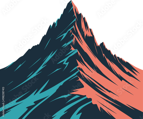 Stylized mountain peak illustration with vibrant teal and pink accents