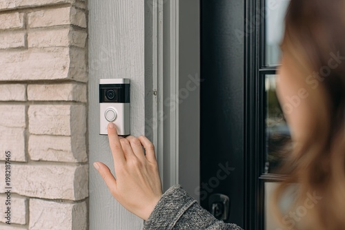 A person presses the button on a modern video doorbell mounted on a brick facade next to a dark-framed front door, showcasing home security technology.