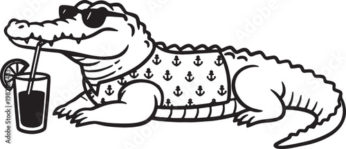 Cool alligator wearing sunglasses and a patterned shirt drinks a beverage