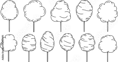 Collection of hand-drawn cotton candy illustrations, each with a unique fluffy shape on a stick.
