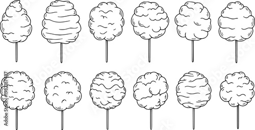 Collection of hand-drawn cotton candy illustrations, each with a unique fluffy shape on a stick.
