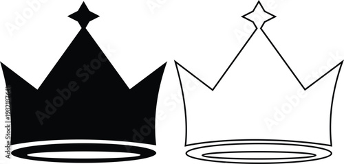 Crown icon set collection group, king, queen, royal, tiara, diadem, monarchy symbols, regal headwear shapes in flat and line style black vector illustration isolated design pack