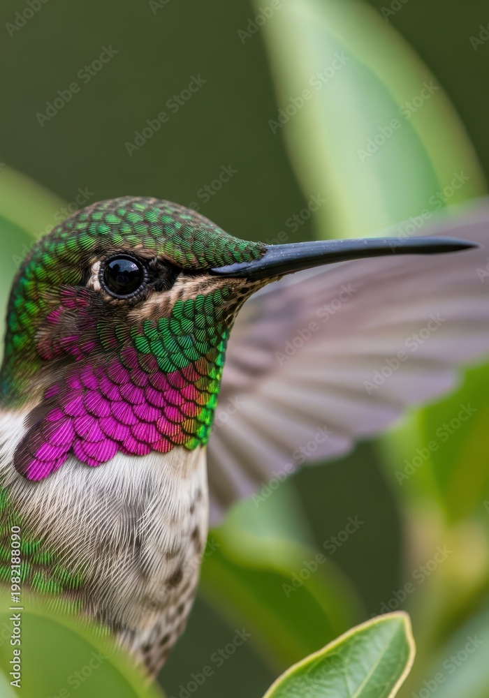 Fototapeta premium Vibrant hummingbird displays iridescent magenta and green feathers while hovering near green foliage.