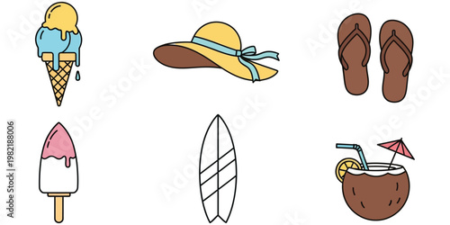 Summer vacation icons ice cream hat flip flops surfboard and drink