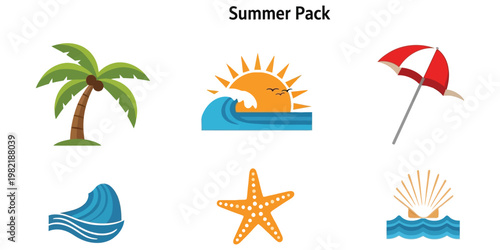 Summer vacation icons palm tree sun wave beach chair starfish seashell