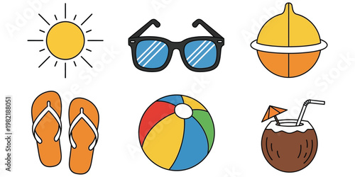 Summer vacation icons sun sunglasses beach essentials and tropical drinks