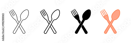 Set of minimalist fork and spoon icons with transparent background, depicting crossed cutlery for restaurants, food service, and dining interfaces, vector illustration