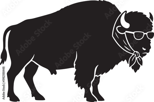 Stylized black silhouette of a bison wearing sunglasses and a bandana isolated on transparent background