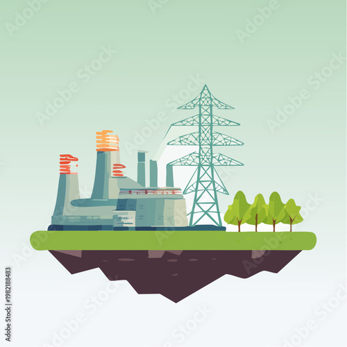 Green Power Plant On Floating Island With Electricity Tower And Trees, Flat Design Vector Illustration For Sustainable Energy