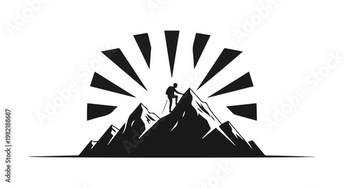 Mountaineer silhouette climbs a steep peak under a radiant sunburst symbol representing achievement.