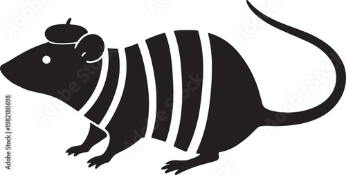 Stylized black silhouette of a rat wearing a beret and striped shirt isolated on transparent background