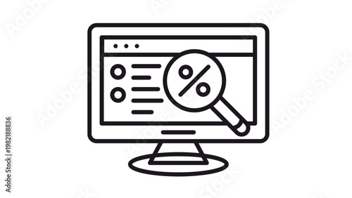 Black vector icon illustration of a computer monitor displaying a web page with a magnifying glass focusing on a percentage sign, representing online discount search, sales, and e-commerce.