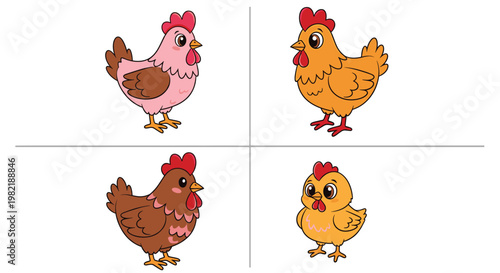 Cute Chicken Cartoon Illustration Set with Hen Characters in Different Poses for Farm Animals, Poultry Design, and Kids Friendly Animal Collection