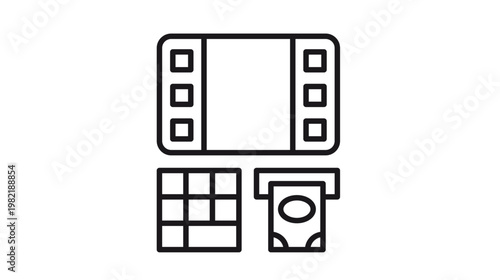 Black line vector icon illustration of an automated teller machine ATM with screen keypad and cash dispenser withdrawing a banknote isolated on white background for banking and finance design