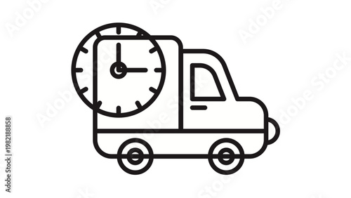Black and white minimalist vector icon illustration of a delivery truck or cargo van carrying a large circular load, representing global logistics, shipping, transportation, and freight services.