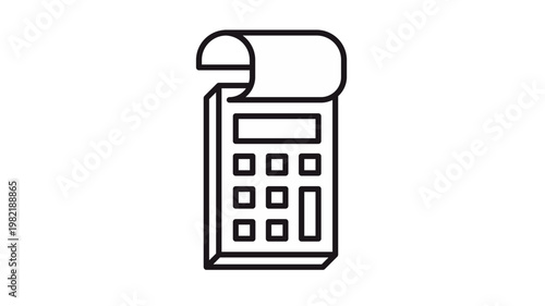Minimalist black vector icon illustration of a calculator with a paper receipt roll, symbolizing accounting, finance, billing, tax calculation, and business transactions on a white background.