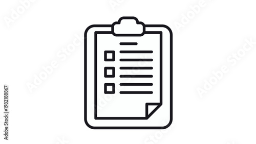 Minimalist black line art vector icon of a clipboard with a checklist and checkboxes on a piece of paper, representing tasks, surveys, reports, or business documentation for professional use.