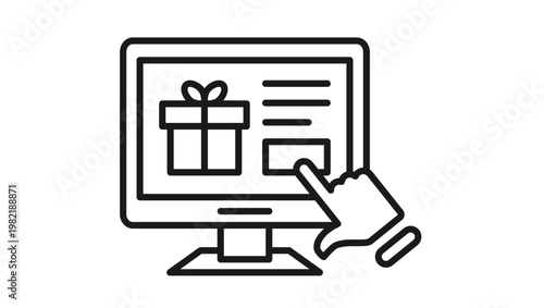 Online gift shopping vector icon illustration. Black line art symbol of a computer monitor displaying a gift box with a hand clicking a button, representing e-commerce and digital presents.