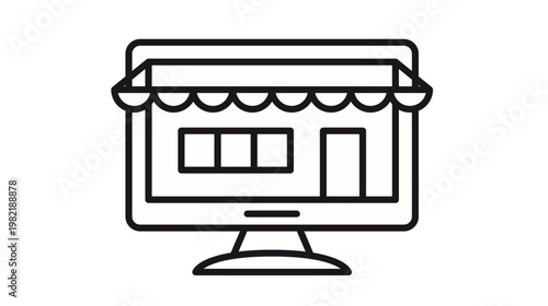 Black line vector icon illustration of a computer monitor with a shop awning and storefront on the screen, symbolizing online shopping, e-commerce, digital retail, and internet business.