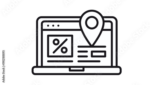 Minimalist black vector icon illustration of a laptop computer screen displaying a percentage discount sign and a map pin location marker, symbolizing local online shopping deals and e-commerce.