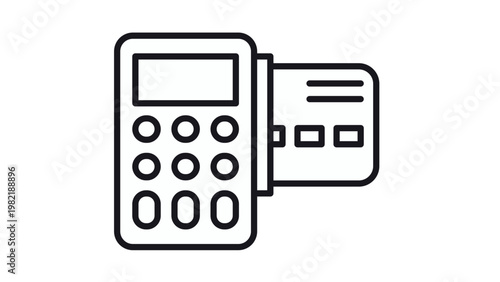 Black line art vector illustration of a POS terminal with a credit card being swiped or inserted, symbolizing electronic payment, retail transaction, banking, and financial technology.