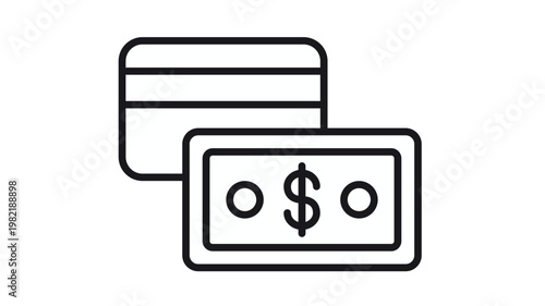 Minimalist black line vector icon illustration of a credit card and dollar bill representing payment methods, finance, banking, and commerce transactions on a white background.