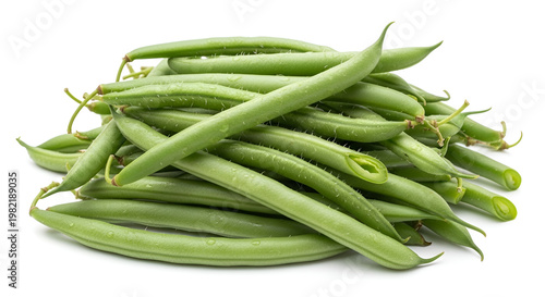 Fresh organic green beans stacked in a pile isolated on white background showing healthy natural food for vegetarian cooking diets