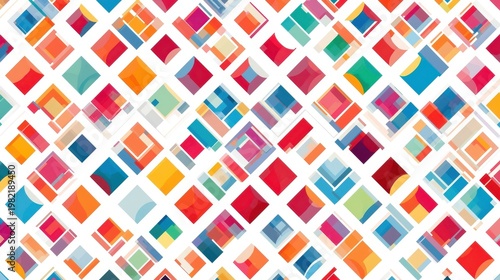 A vibrant and colorful abstract pattern of squares on a white background