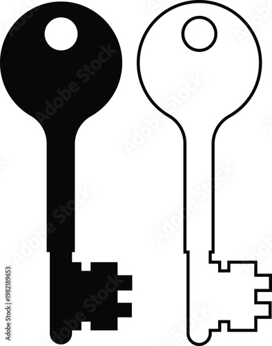Keys icon set collection group, key, lock, unlock, security, access, house, door, property symbols, vintage and modern key shapes in flat and line style black vector illustration isolated