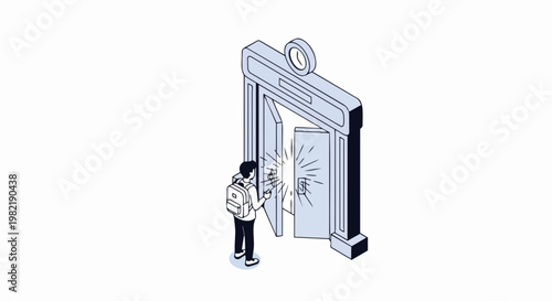 Isometric Illustration of a Student Opening a Glowing Door to Education and Future Opportunities