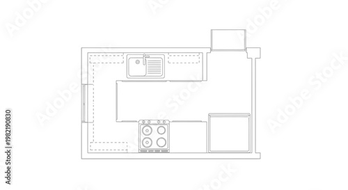Top-down blueprint drawing of a modern kitchen layout with appliances, isolated white background.