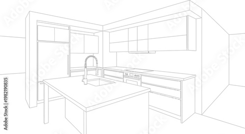 Architectural Outline Drawing of Modern Kitchen Interior, isolated white background