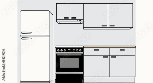 Schematic Outline Drawing of Modern Kitchen Cabinets with Refrigerator and Stove