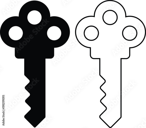 Keys icon set collection group, key, lock, unlock, security, access, house, door, property symbols, vintage and modern key shapes in flat and line style black vector illustration isolated