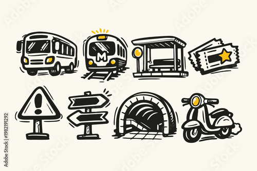 Public Transportation and Urban Travel Hand-Drawn Icon Set