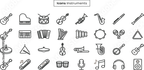 Collection of musical instruments icons, including strings, wind, percussion, and keyboards, perfect for music-related designs and apps