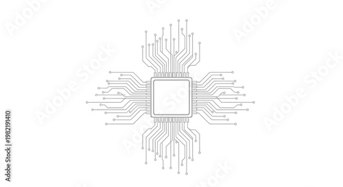 Minimalist gray outline illustration of a CPU and symmetrical circuit design on a subtle textured white background, representing computing technology.