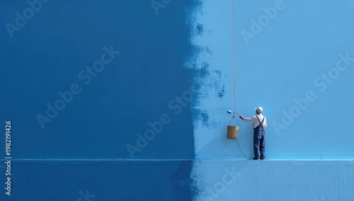 A lone painter meticulously applies a vibrant blue coat to a large, expansive wall under a clear sky.